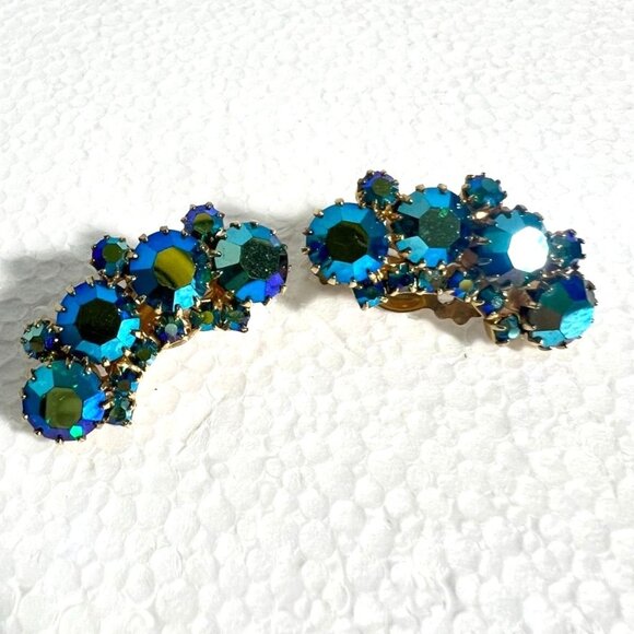 Vtg Weiss Blue Aurora Borealis Crystal Clip-On Earrings 1.25" Signed 50s Glam - Picture 7 of 10